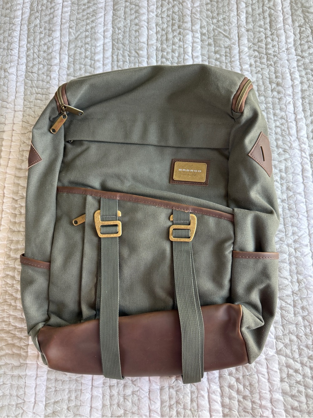 Ford Bronco Olive Green Canvas Backpack with Brown Leather Trim